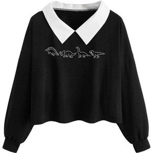 Women's Oversized Graphic Long Sleeve Collar Crop Top
